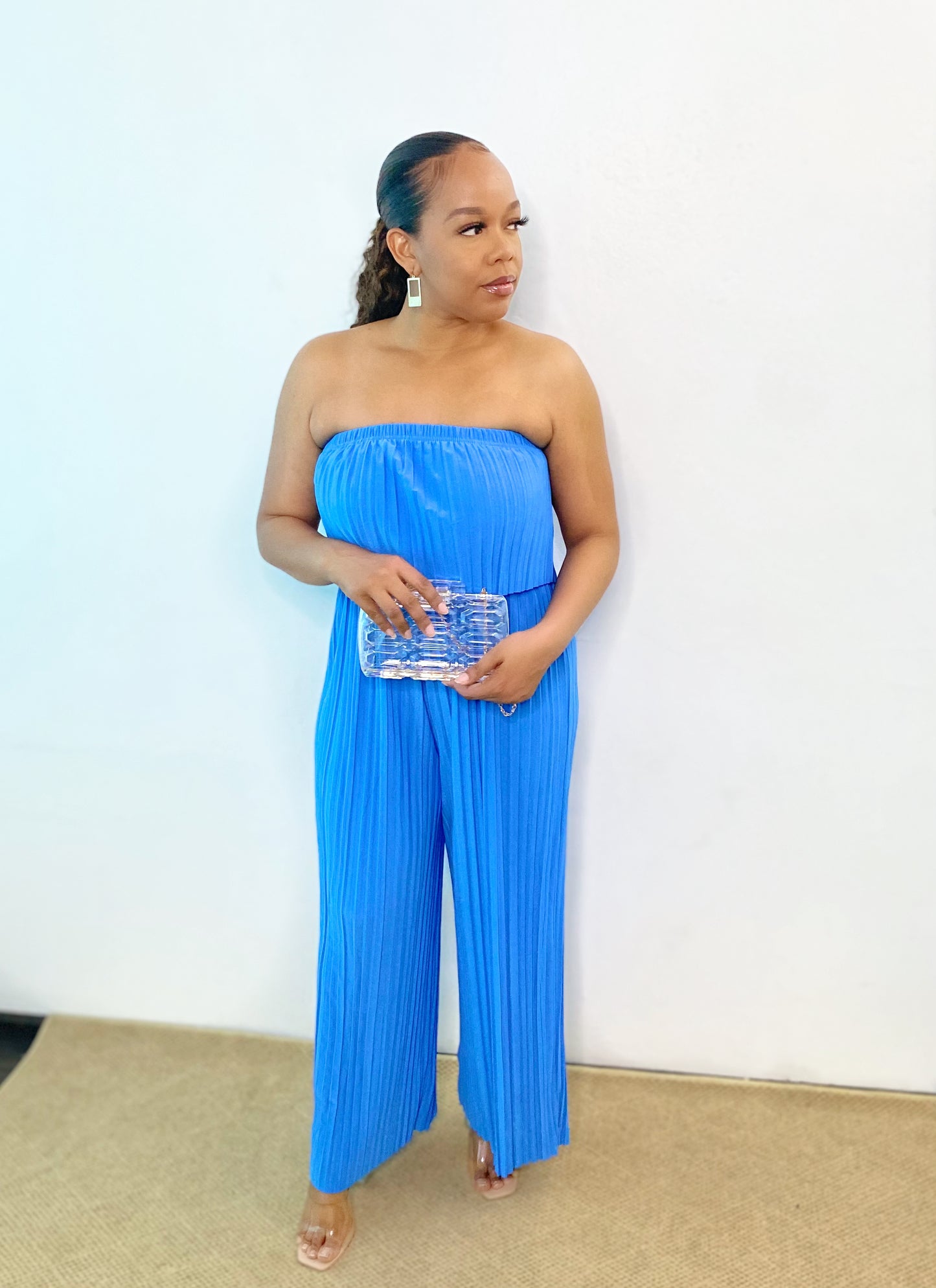 Blue Pleated Wide Leg Jumpsuit