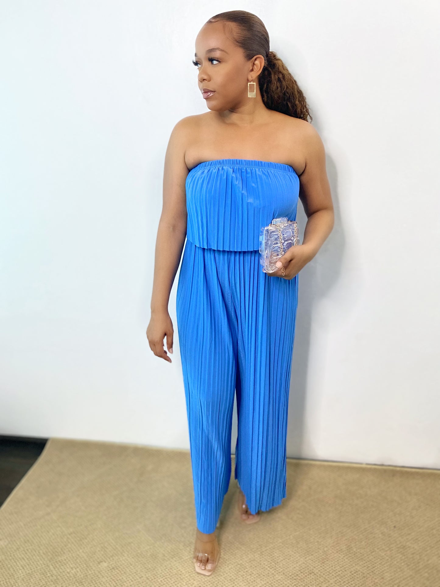 Blue Pleated Wide Leg Jumpsuit