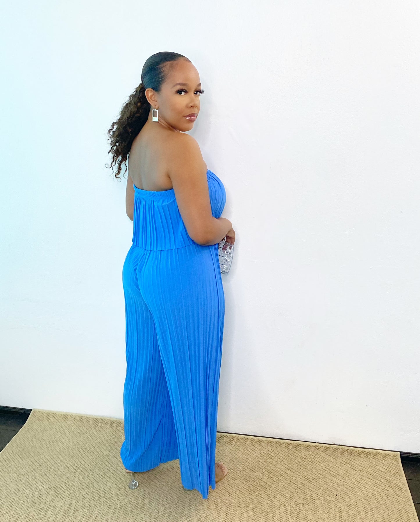 Blue Pleated Wide Leg Jumpsuit